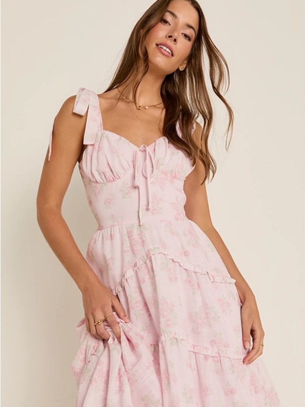 Francesca's Collections Pink Floral Midi Dress with Tie Straps
